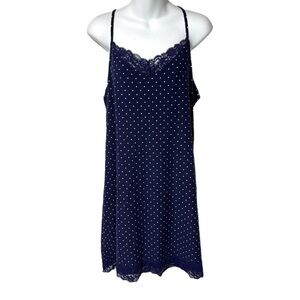 Love To Lounge Navy Blue White Polka Dot Lace Trim Cami Nightgown Slip Dress L